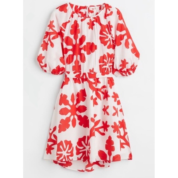 H&M Floral Print Dress Red White Puff‎ Sleeve Mini Dress Summer Size M - Picture 1 of 11